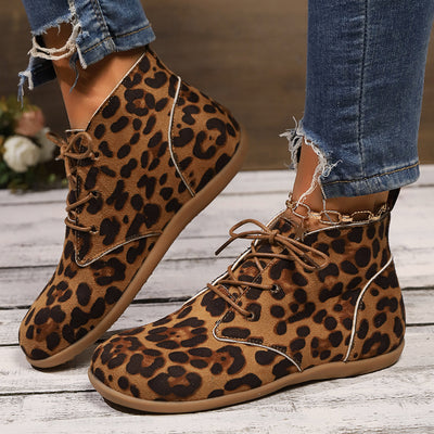 New Lace-up Flat Leopard Print Casual Boots