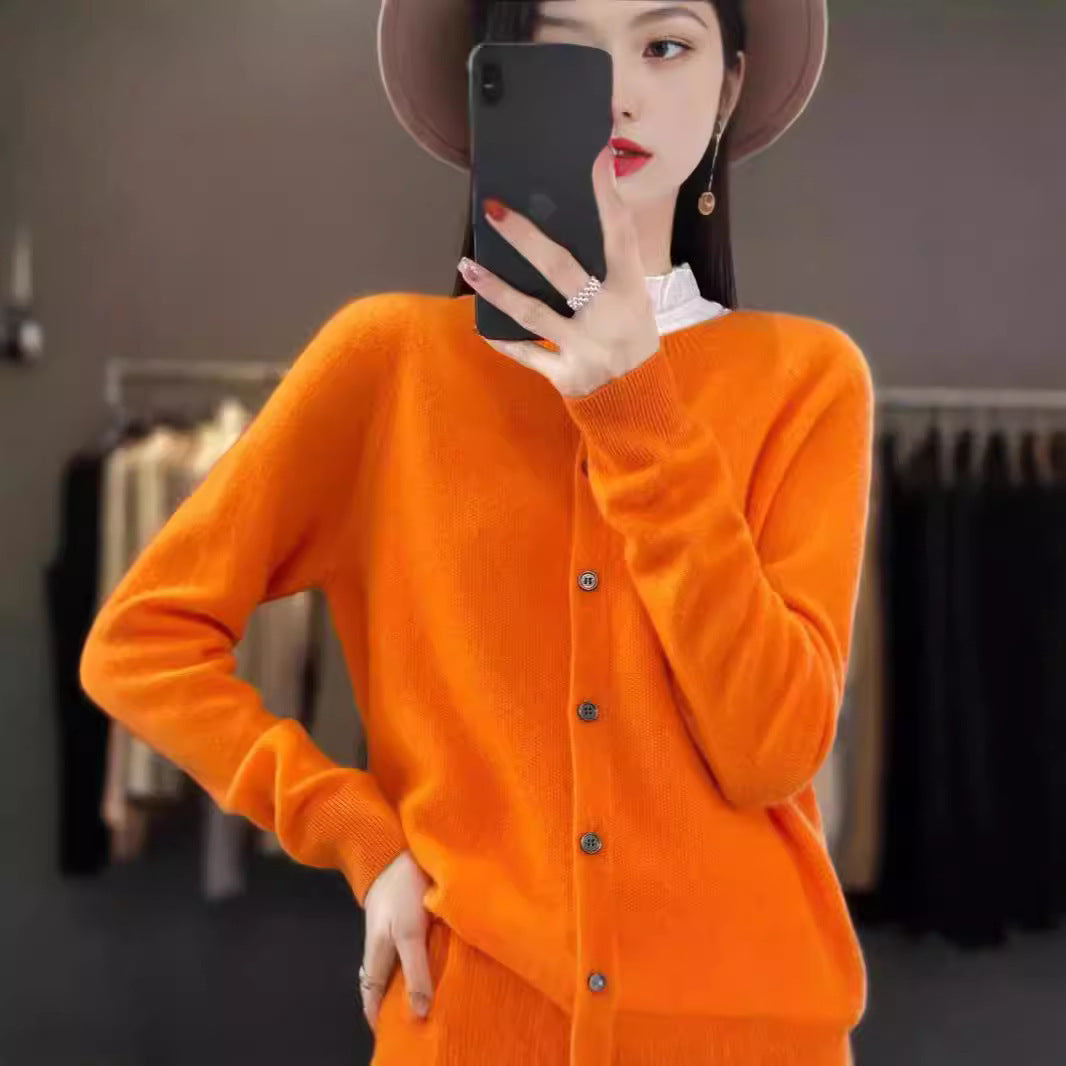 Fashion Merino Wool Cardigan Sweater Women O-Neck Long-sleeve Cashmere Knitwear Spring Autumn Female Clothing Tops