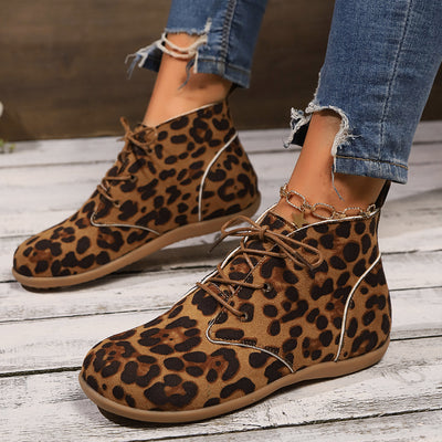 New Lace-up Flat Leopard Print Casual Boots