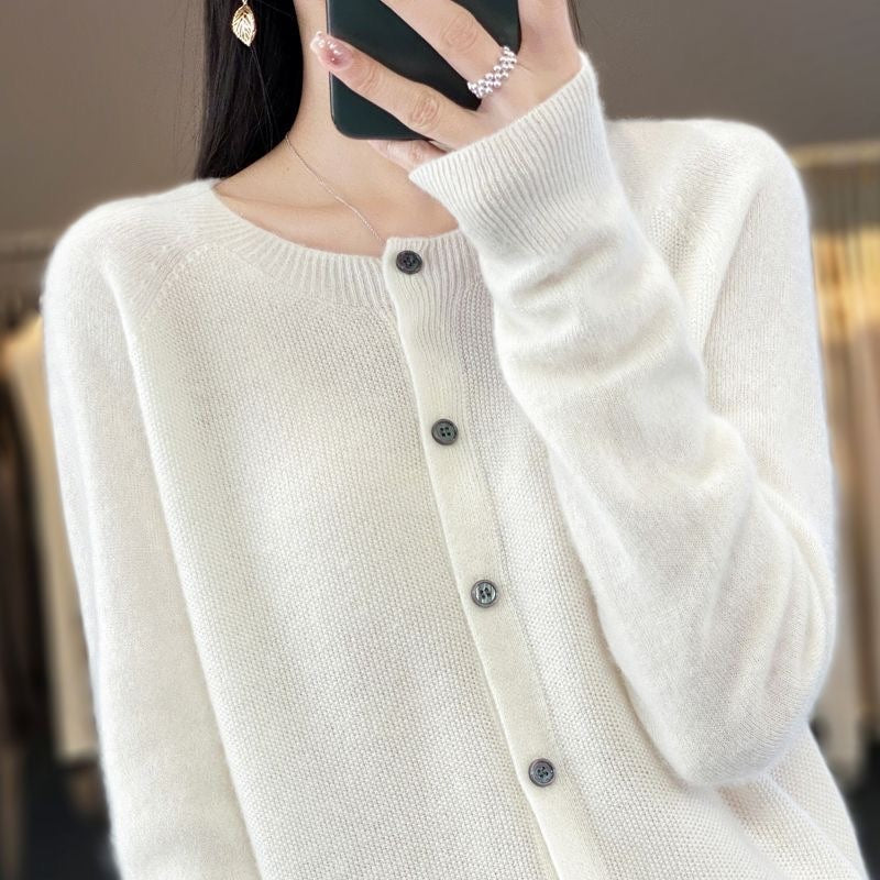 Fashion Merino Wool Cardigan Sweater Women O-Neck Long-sleeve Cashmere Knitwear Spring Autumn Female Clothing Tops